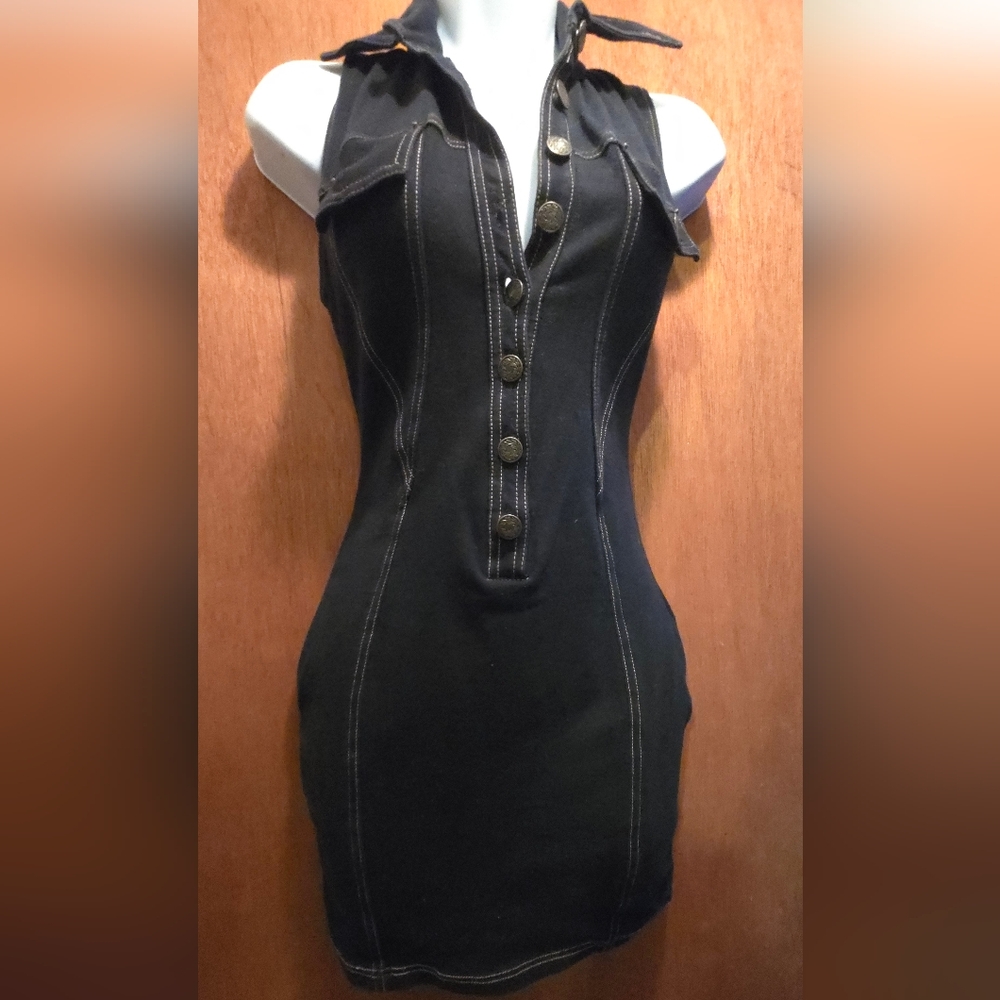 Peep Vintage Denim Look Chic Black Button-Up Stretch Dress SzS - Picture 2 of 10